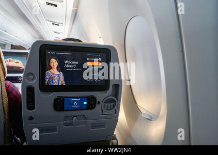 HONG KONG - CIRCA APRIL, 2019: seat back screen in economy class on Singapore Airplines Airbus A350. Stock Photo