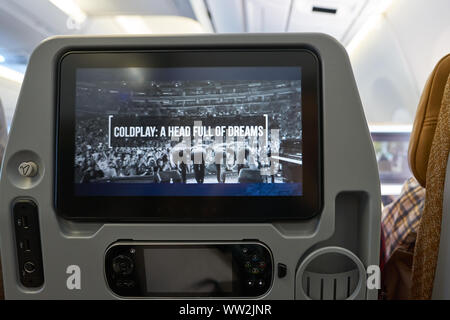 HONG KONG - CIRCA APRIL, 2019: seat back screen in economy class on Singapore Airplines Airbus A350. Stock Photo