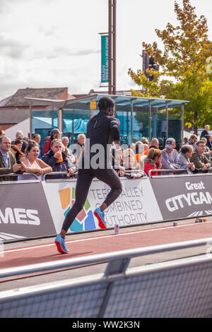 Stockton on Tees, U K. 7th September 2019.The Great North City Games were held in the High Street and the Riverside and the crowds enjoyed watching top class athletics including pole vaulting, long jump, hurdles and sprinting.A female long jumper sets off on her run up.  David Dixon, Alamy Stock Photo
