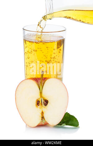 Apple juice pouring pour apples fruit fruits portrait format organic isolated on a white background Stock Photo