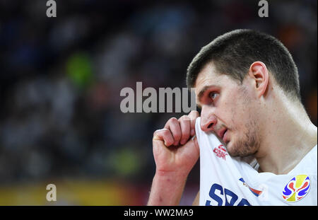 Dongguan, China's Guangdong Province. 12th Sep, 2019. Nikola Jokic of Serbia reacts during the classification games 5-8 between the United States and Serbia at the 2019 FIBA World Cup in Dongguan, south China's Guangdong Province, Sept. 12, 2019. Credit: Xue Yubin/Xinhua/Alamy Live News Stock Photo