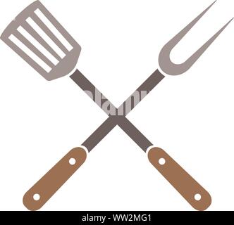 crossed kitchen utensils, grill fork and slotted spatula, vector illustration Stock Vector