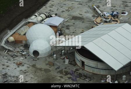 A carrier rocket-themed restaurant is under construction in Hangzhou City, east China's Zhejiang Province on September 5th, 2019.   The eastern Chines Stock Photo