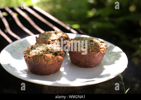 Healthy and tasty vegan and gluten free carrot and raisin muffins topped with hemp seeds on a white plate, on a campfire grill, in the forest Stock Photo