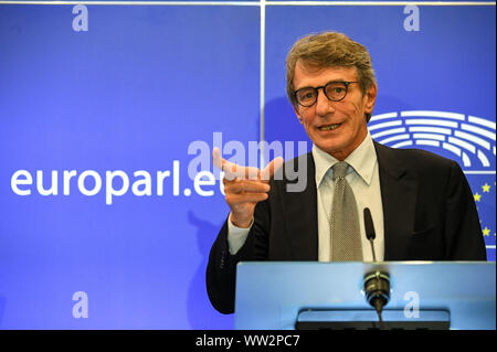 Brussels, Belgium. 12th Sep, 2019. European Parliament President David Sassoli addresses a press conference about Brexit and other topic issues in Brussels, Belgium, Sept. 12, 2019. Credit: Riccardo Pareggiani/Xinhua Stock Photo