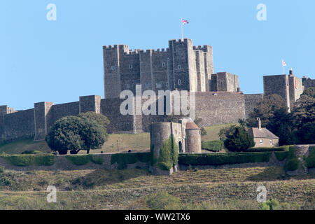 Dover Castle and White Cliffs from the new Western Docks Pier in Dover Kent. built 1066-1087 11th century Stock Photo