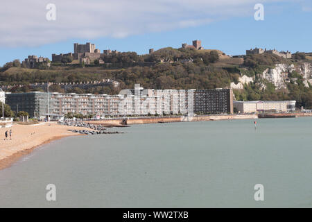 Dover Castle and White Cliffs from the new Western Docks Pier in Dover Kent. built 1066-1087 11th century Stock Photo