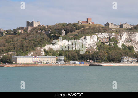 Dover Castle and White Cliffs from the new Western Docks Pier in Dover Kent. built 1066-1087 11th century Stock Photo
