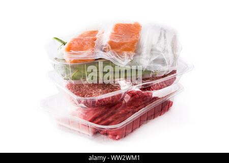 Different types of meat, green beans and salmon isolated on white background Stock Photo