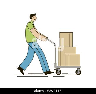 Shopper with shopping cart full of boxes. Vector illustration in linear style Stock Vector
