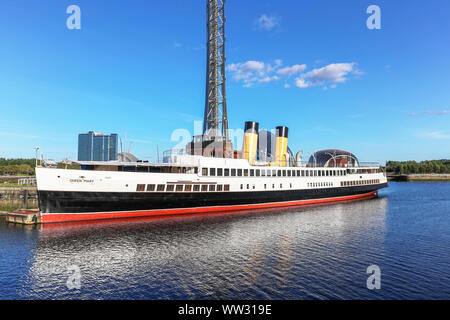 Tss (Turbine Steam Ship) Queen Mary berthed on the River Clyde at the Science Museum and the Observation tower, Glasgow, Scotland,UK. Stock Photo