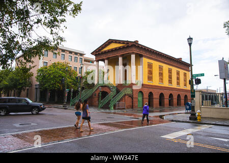 A historic building on Market Street boarded up for Hurricane Dorian Stock Photo