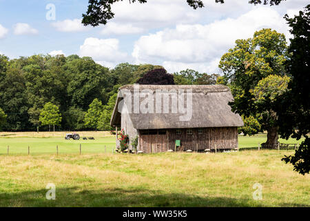 The wooden, thatched cricket pavilion raised up on staddle stones in ...