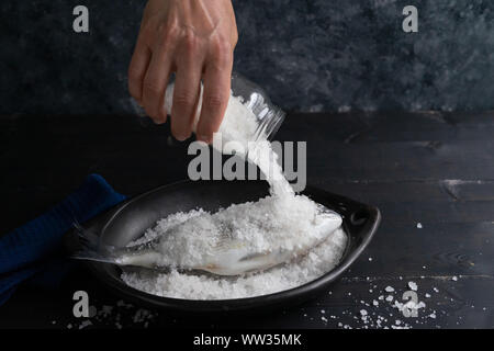 Process of preparation of sea bream salt. Sparus aurata Stock Photo