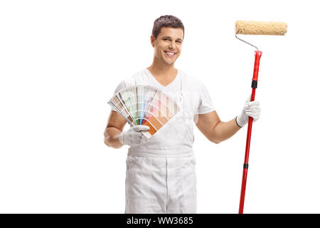 House painter with a color swatch and a paint roller isolated on white background Stock Photo