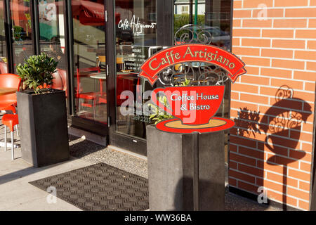 Caffe Artigiano coffee house on Main Street, Vancouver, BC, Canada Stock Photo
