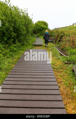 A woman walking along a wooden walkway being repaired on a Nature Trail, St. walkway being repairedMary's, Isles of Scilly, Cornwall, England, UK Stock Photo