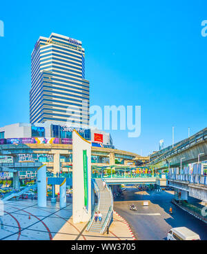 BANGKOK, THAILAND - APRIL 24, 2019: The shopping district of Bangkok boasts large department stores, comfortable pedestrian skywalks and fast Skytrain Stock Photo