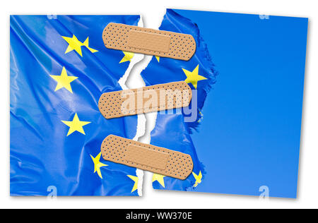 Ripped photo of a frayed European flag - concept image with adhesive bandage - problems and solution concept. Stock Photo