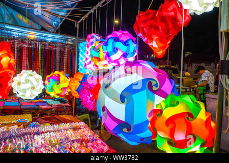 BANGKOK, THAILAND - APRIL 24, 2019: The bright handmade colorful lanterns in the souvenir stall in Khaosan road, on April 24 in Bangkok Stock Photo