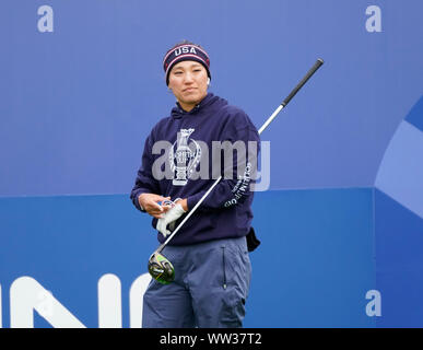 Auchterarder, Scotland, UK. 12 September 2019. Final practice day at 2019 Solheim Cup on Centenary Course at Gleneagles. Pictured; Annie Park on the 1st tee.  Iain Masterton/Alamy Live News Stock Photo