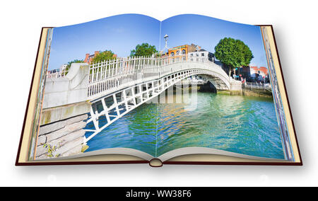 The most famous bridge in Dublin called "Half penny bridge" due to the toll charged for the passage - 3D render opened photo book isolated on white ba Stock Photo