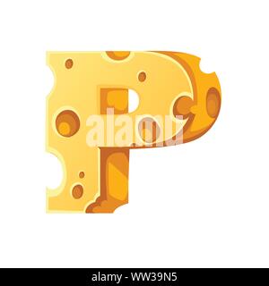 Cheese letter P style cartoon food design flat vector illustration isolated on white background. Stock Vector