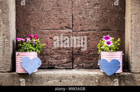 Two plants in vase with two blue hearts close to an old door Stock Photo