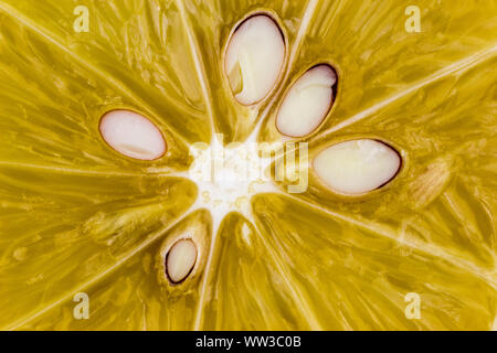 Extreme close up view of cut lemon and seeds Stock Photo