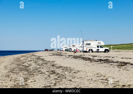 RV's set up camp along Race Point Beach, Provincetown, Cape Cod, Massachusetts, USA. Stock Photo