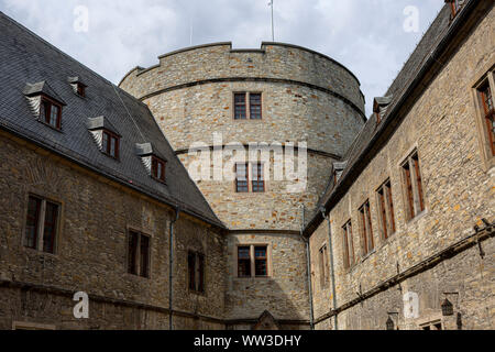 Architectural detail of the courtyard with tower of the Wewelsburg castle with brick construction Stock Photo