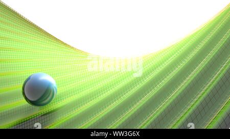Blue glossy sphere over a green waving sufrace with yellow grid - 3D rendering illustration Stock Photo