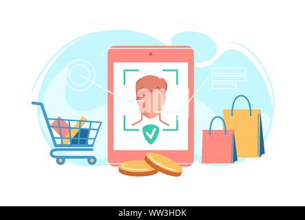 Face payment. Payment using Face Recognition And Identification, ID on smartphone. Mobile phone with Biometric identification. Customer use facial recognition application to login to system to buy. Vector modern business concept on isolated white background. Stock Vector