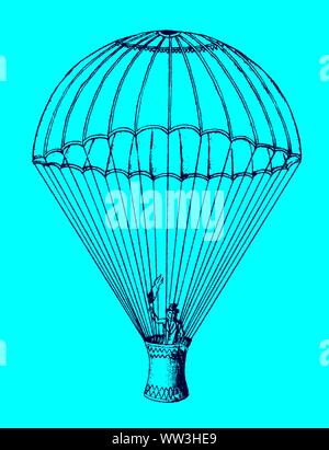Fully deployed and descending historic parachute with a man standing in the basket and waving a flag in front of a blue background. Editable in layers Stock Vector