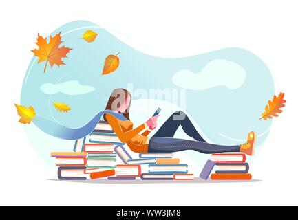 Girl reading, sitting on stacks of books in fall leaves background. Concept design. Beautiful autumn nature with Flat young woman. Modern card for web design with isolated white background Stock Vector