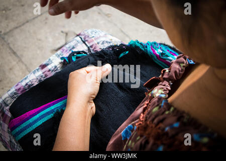 Mayan Woman Working on Textiles in Guatemala Stock Photo