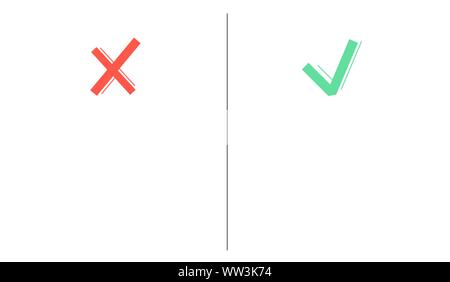 Tick and cross sign with empty space. Yes no symbols green and red. Right and wrong icons with copy paste space. Vector illustration for evaluation quiz on isolated white background. Stock Vector