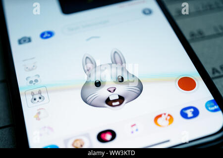 Paris, France - Sep 12, 2019: Latest iPhone 11 Pro featuring multiple Animoji character with face of rabbit expressing astonished face sentiments Stock Photo