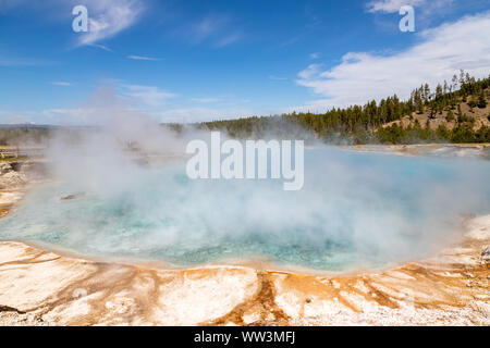 Steam rises from a pool at Grand Prismatic Spring in Yellowstone National Park. It is the largest hot spring at Yellowstone National Park with 200-330 Stock Photo