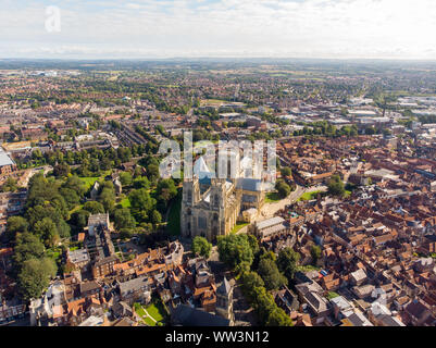 Aerial photo of the town of York located in North East England and founded by the ancient Romans, The Minster Historical Cathedral in the town centre Stock Photo