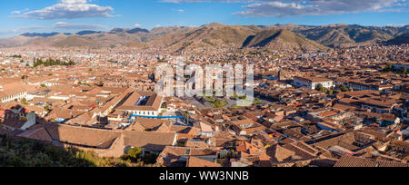 Panorama, panoramic image view of city of Cusco / Cuzco, Peruvian Sacred Valley, Peru Stock Photo