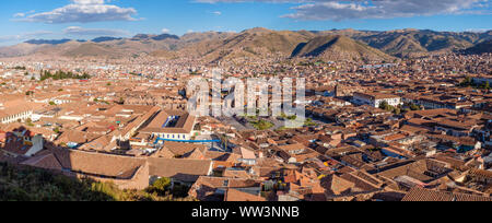 Panorama, panoramic view of city of Cusco / Cuzco, Peruvian Sacred Valley, Peru Stock Photo