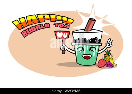 Happy Bubble or Pearl tea with fruits as strawberry, pineapple, grape and banana. Drawing vector illustration available edit by layers. Good for masco Stock Vector
