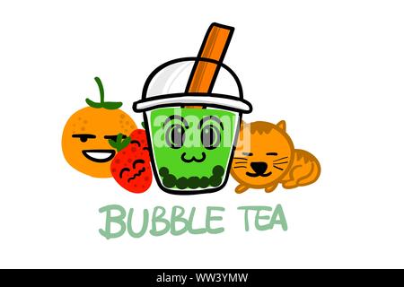 Bubble tea drawing with fruits and cat, kawaii cartoon style suitable for logo or mascot of advertisement branding. editable freehand vector illustrat Stock Vector