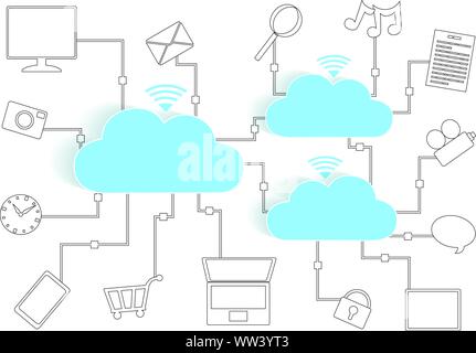 Cloud Computing Paper Cutout Icons BYOD Devices Network - Wifi Internet Connectivity concept, EPS10 Grouped and Layered, contains blends Stock Vector