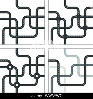 Set of 4 Roads in Gray Threaded Pattern - grouped easy to edit Stock Vector