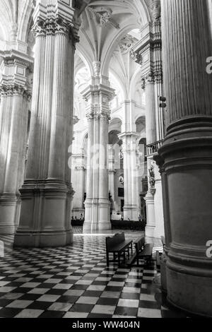 A black and white image of the interior of the Granada Cathedral, Granada, Spain. Stock Photo