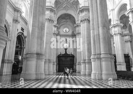 A black and white image of the interior of the Granada Cathedral, Granada, Spain. Stock Photo
