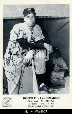 Autographed photo of Joe DiMaggio the iconic superstar baseball player with the New York Yankees who was married to Marilyn Monroe. Stock Photo
