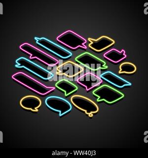 Neon isometric speech bubble on a transparent background. Bright light frames for quotes and text. Vector Stock Vector
